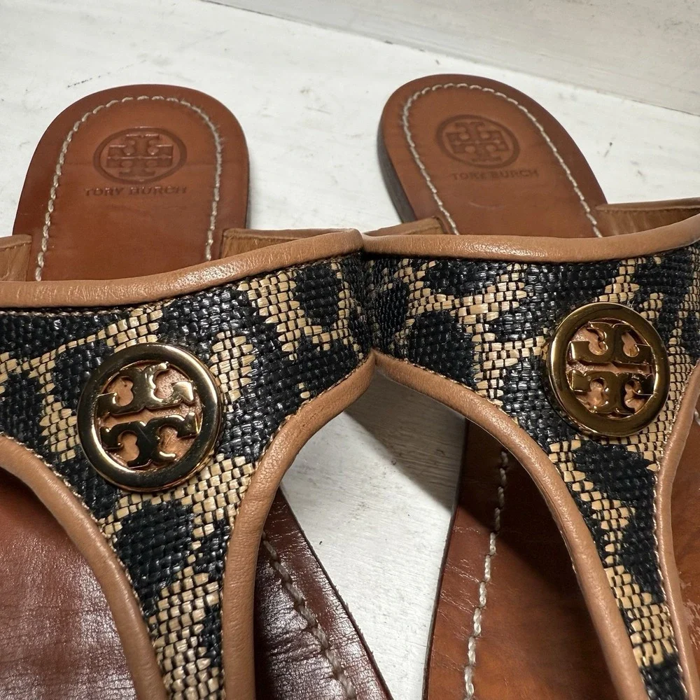 TORY BURCH Cameron Black Leopard Print Gold Logo Sandals Women's Size 9